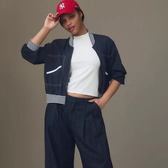 Daily Practice by Anthropologie Racing Stripes Bomber Jacket Navy Blue Size M - Picture 1 of 9